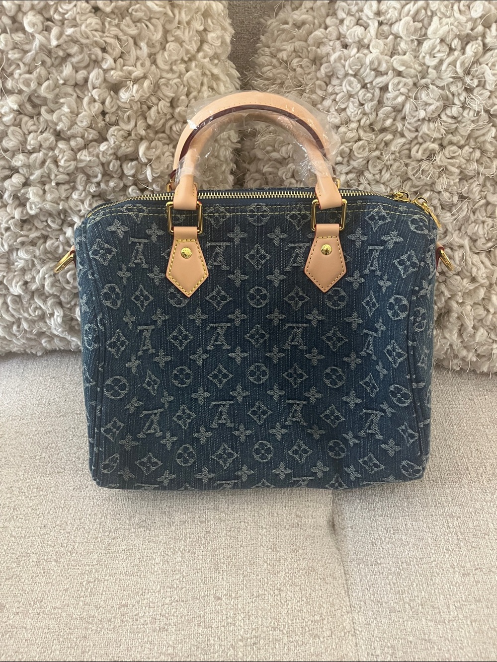 Denim Monogram Alma BB in Blue with Natural Leather Trim